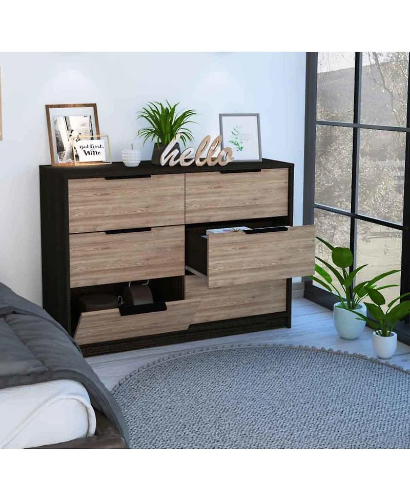 Streamdale Longhill 6-Drawer Rectangle Dresser Black Wengue And Pine