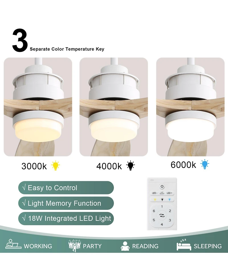 Sofucor 52"Modern Ceiling Fan with 3 Natural Wood Blades