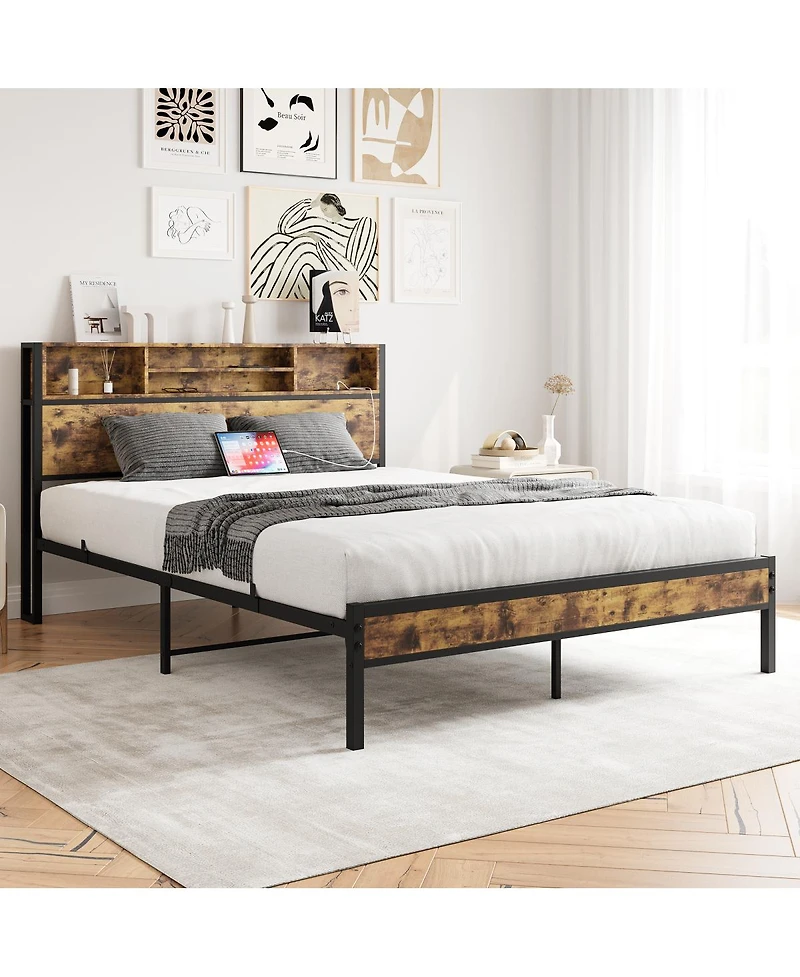 Simplie Fun Queen Bed Frame with Storage Headboard and Charging Station