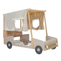 Simplie Fun Wood Twin Size Car Bed With Pillow, Ceiling Cloth And Led