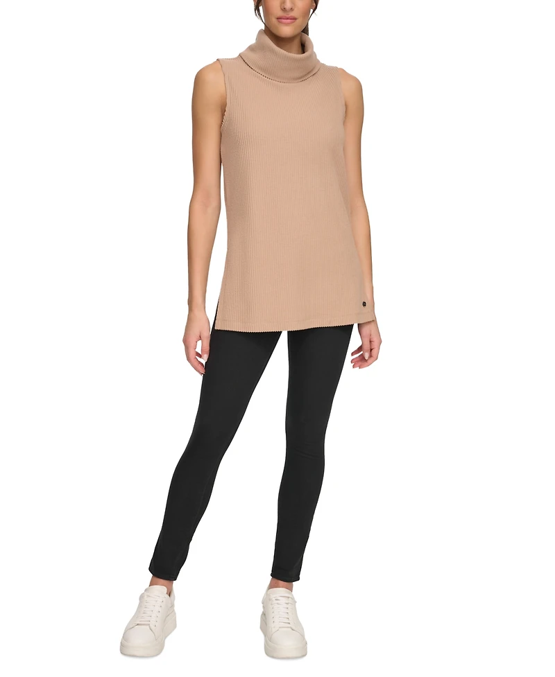 Andrew Marc Sport Women's Brushed Rib Sleeveless Turtleneck Tunic with Side Vents Top