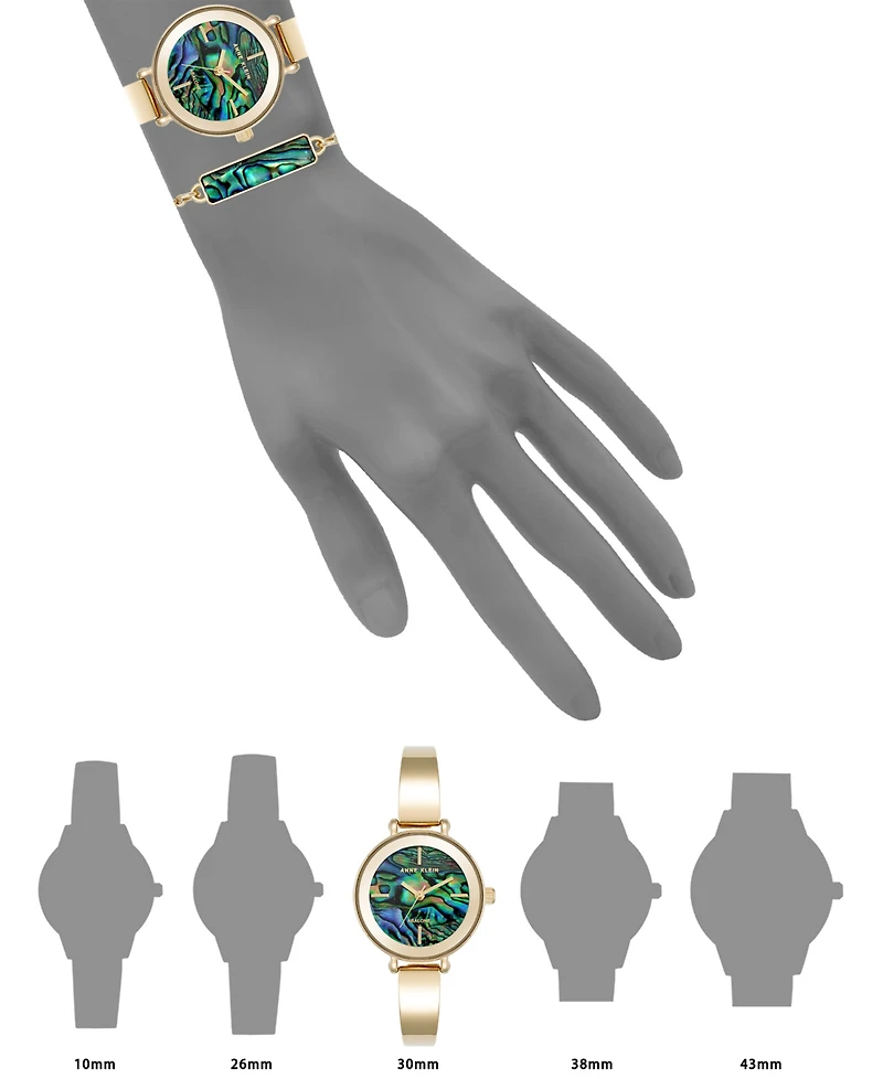 Anne Klein Women's Quartz Round Abalone Gemstone Gold-Tone Alloy Metal Bangle Watch Set, 30mm