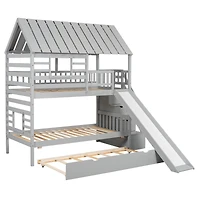 Simplie Fun Gray House Bunk Bed with Trundle, Slide, Storage stairway
