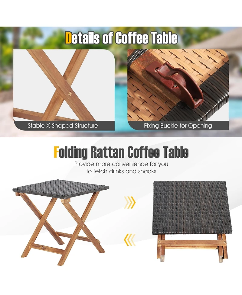 Gymax 2PCS Patio Lounge Chair Adjustable Recliner Chair Acacia Wood Frame Folding Table Set