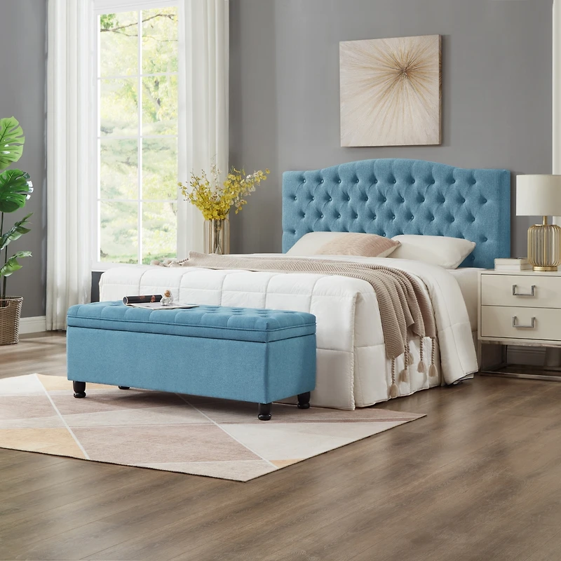 Streamdale Button Tufted Storage Bench - Light Blue Linen