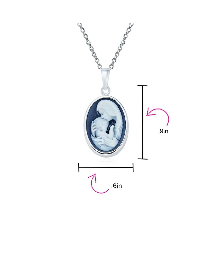 Bling Jewelry Classic Blue White Carved Oval Simple Framed Victorian Lady Portrait Mother and Child Cameo Pendant Necklace Wife Sterling Silver