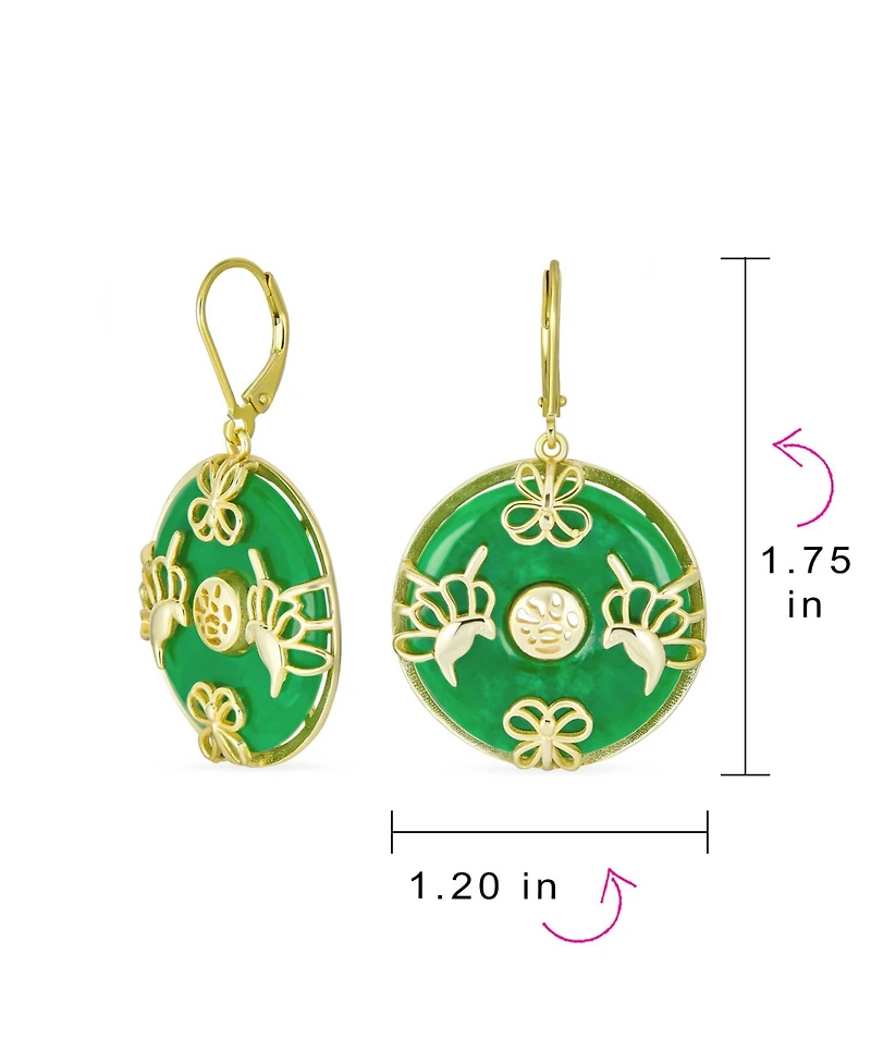 Bling Jewelry Asian Style Dangle Circle Round Donut Good Fortune Light Green Natural Jade Butterfly Disc Drop Statement Earrings 14K Gold Overlay Ster