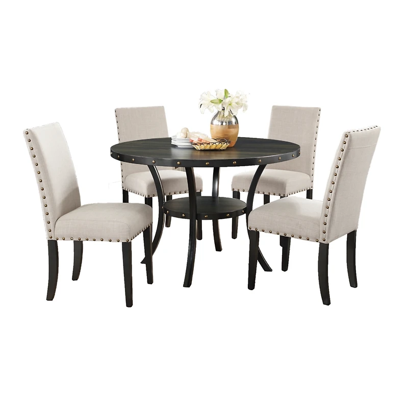 Streamdale Furniture Biony Espresso Wood Dining Set with Tan Fabric Nailhead Chairs