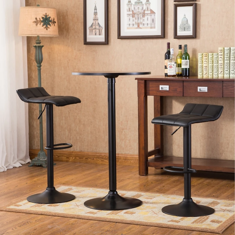 Streamdale Furniture Belham Black Round Metal Bar Table with 2 Swivel Bonded Leather Adj Stools