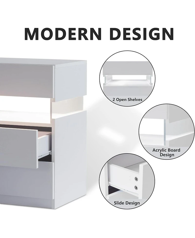 Streamdale Modern Led Nightstand with 3 Drawers and Multi-Color Rgb Lighting