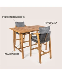 Jonathan Y Porto Modern Coastal 3-Piece Acacia Wood Outdoor Bar Set with Cushions