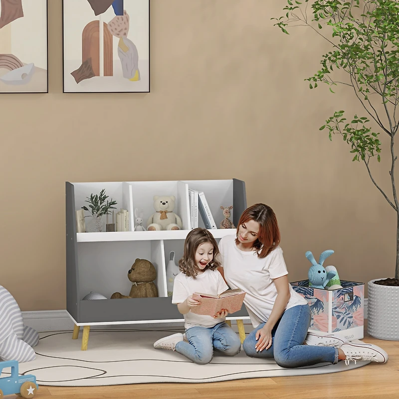 Qaba 2 Tier Kids Bookcase Toy Shelf with 5 Compartments,