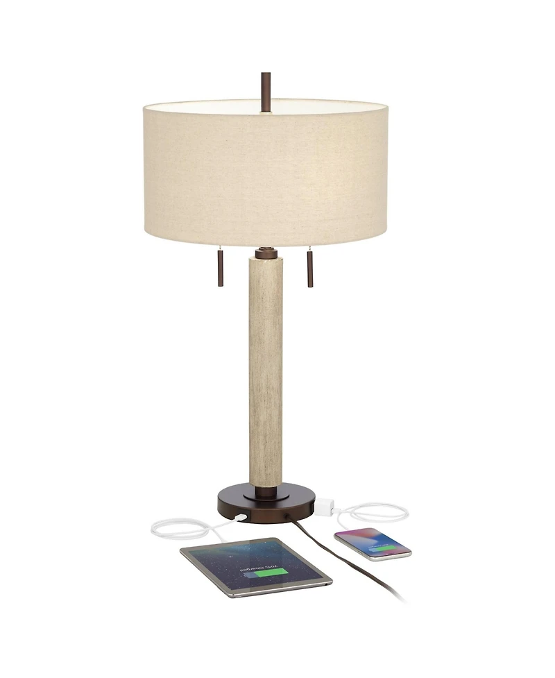 Franklin Iron Works Hugo Modern Mid Century Table Lamp 28 1/2" Tall Whitewashed Column with Usb Charging Port Oatmeal Drum Shade for Living Room