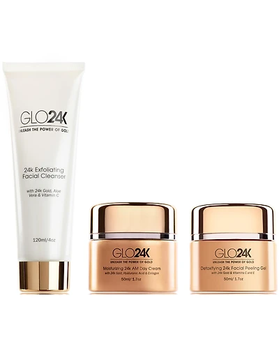 24k Gold Moisturizing Day Cream, Peeling Gel, Exfoliating Facial Cleanser Complete Set
