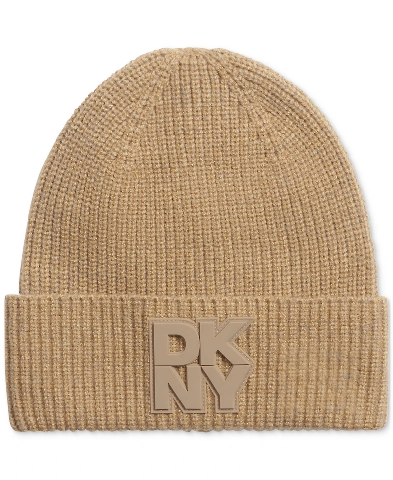 Dkny Women's Supersoft Ribbed Logo Patch Beanie