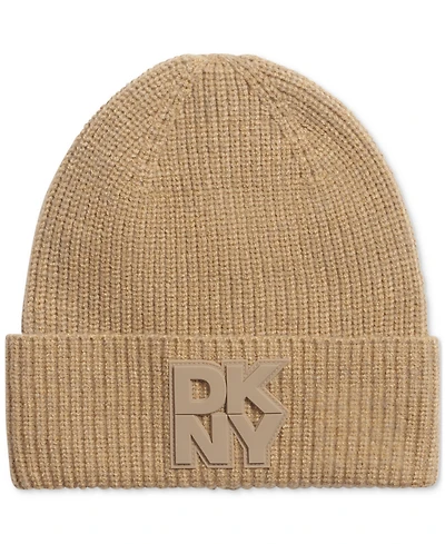 Dkny Women's Supersoft Ribbed Logo Patch Beanie