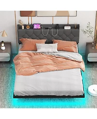 Floating Bed Frame with Led and Headboard and Charging Station