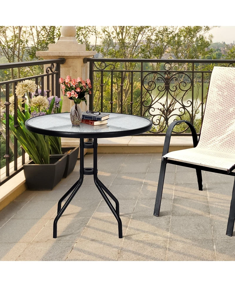 Sugift 32 Inch Outdoor Patio Round Tempered Glass Top Table with Umbrella Hole