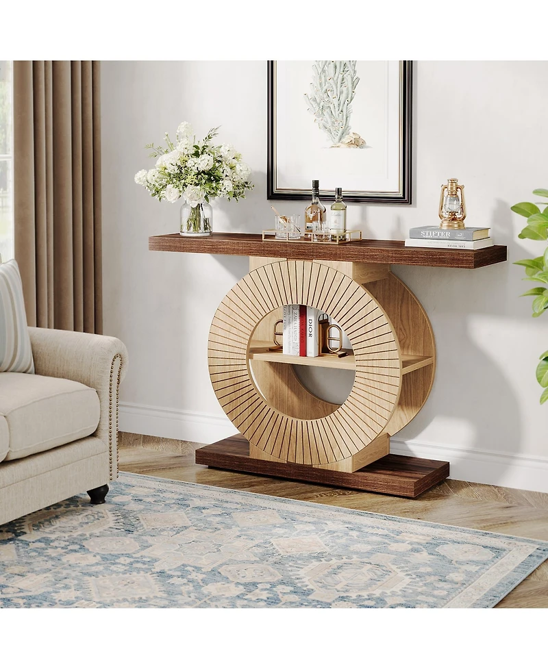 Tribesigns Entryway Table with Storage, Wood Console Table, 39.3-Inch Sofa Table Small Accent Hallway Table with Shelves and Circle Base