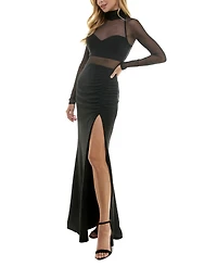 City Studios Juniors' Mock-Neck Long-Sleeve Slit-Front Gown