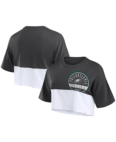 Fanatics Women's Black/White Philadelphia Eagles Boxy Color Split Cropped T-Shirt