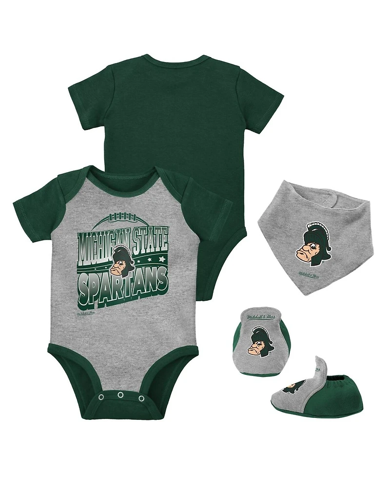 Mitchell & Ness Baby Boys and Girls Green/Heather Gray Michigan State Spartans 3-Pack Bodysuit, Bib Bootie Set