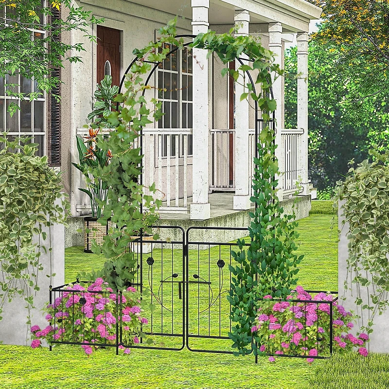 87" Garden Arbor Arched Lockable Gate Top Arbor Trellis with Side Planters