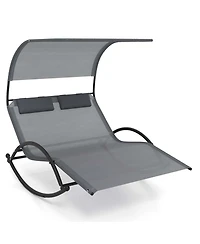 Costway Outdoor Dual Rocker Sunbed 2-Person Canopied Lounger with 2 Detachable Headrests