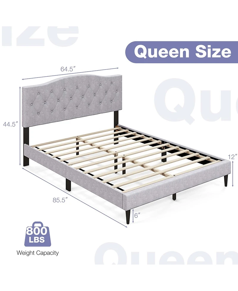 Queen Size Upholstered Platform Bed Linen Bed Frame with Button Tufted Headboard