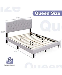 Queen Size Upholstered Platform Bed Linen Bed Frame with Button Tufted Headboard