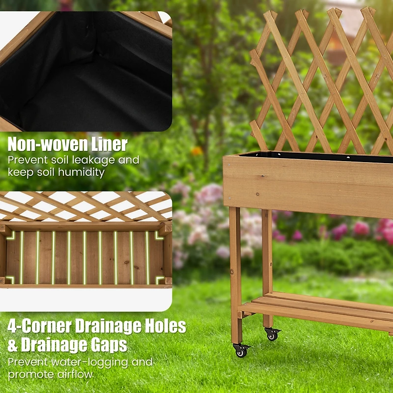 Costway Wood Raised Garden Bed with Trellis Storage Shelf Wheels Liner Drainage Holes