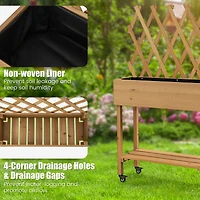 Costway Wood Raised Garden Bed with Trellis Storage Shelf Wheels Liner Drainage Holes