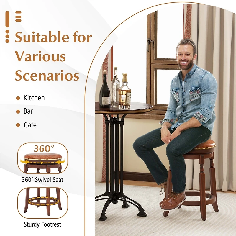 Costway 24" Swivel Bar Stool Set of 2 with Upholstered Seat & Rubber Wood Frame Round