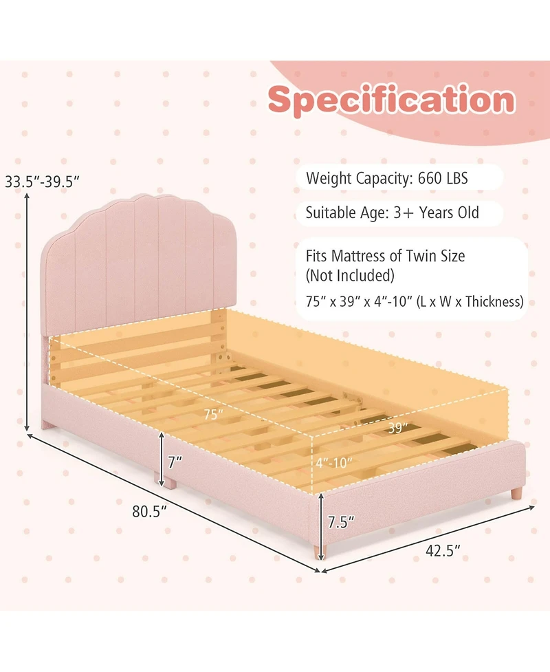 Costway Kids Twin Platform Bed Frame Upholstered Twin Size Bed with Wooden Slats Support