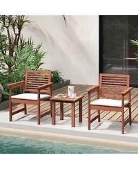 Costway 3 Pcs Patio Furniture Set with 2 Seat Cushions Coffee Table Solid Wood Chairs