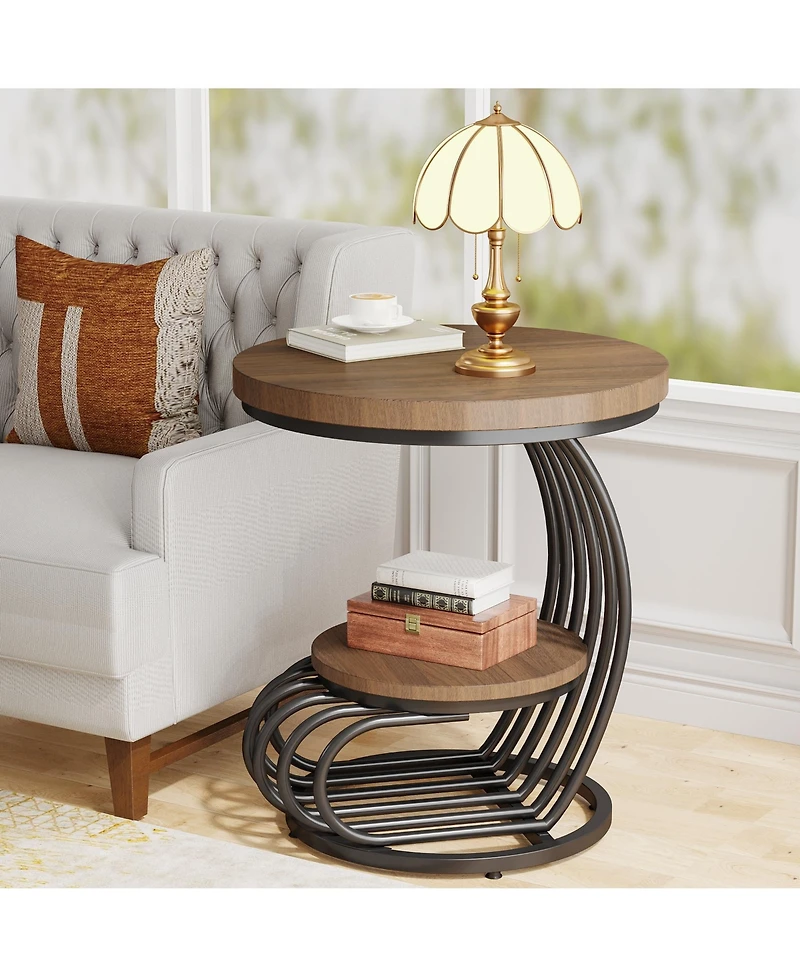 Tribesigns Round End Side Table Set of 2， 2 Tiers Table, Vintage for Living Room, Small Bedside Accent with Arc-Shap