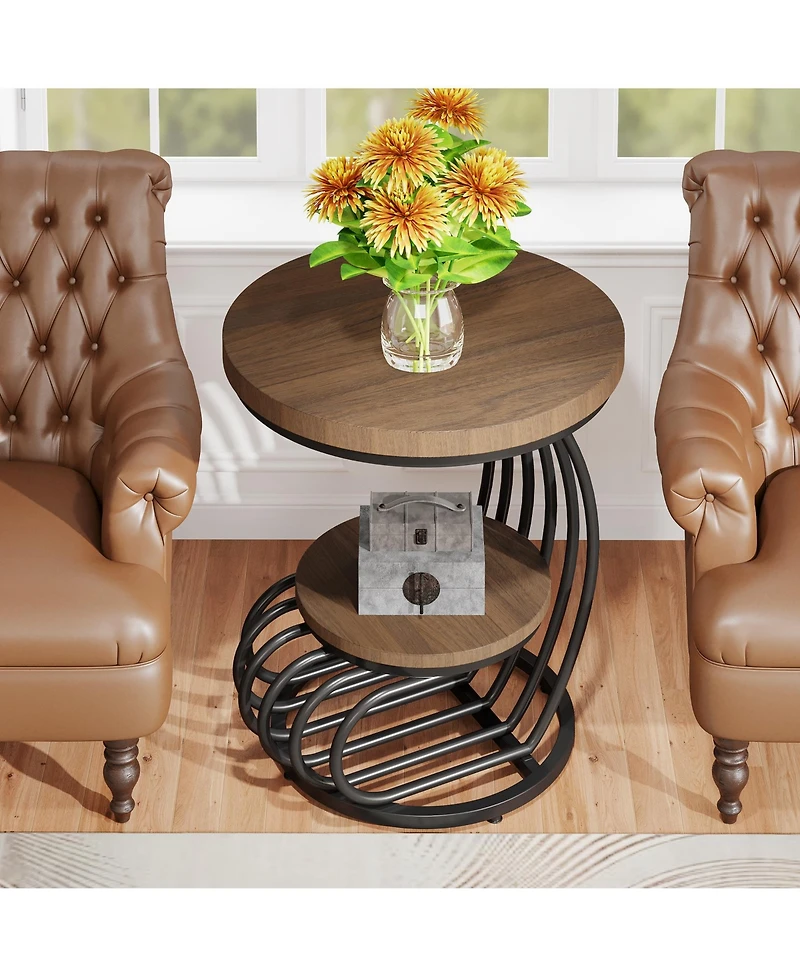 Tribesigns Round End Side Table Set of 2， 2 Tiers Table, Vintage for Living Room, Small Bedside Accent with Arc-Shap