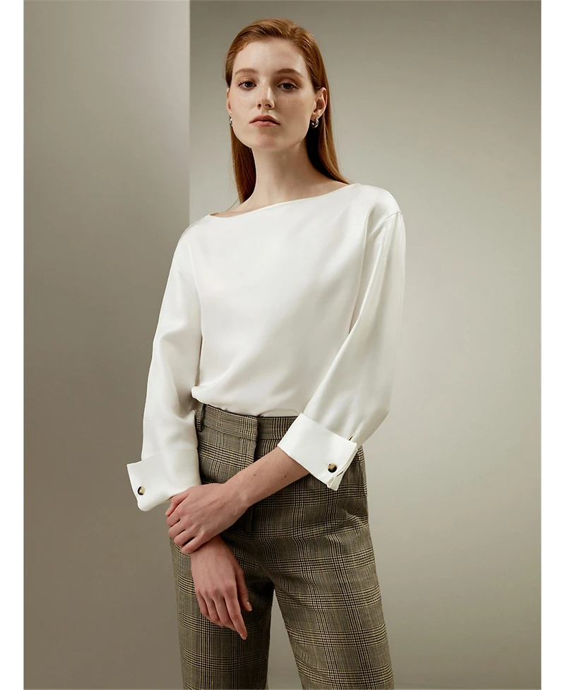 Silk Twill Blouse with Boat Neckline for Women
