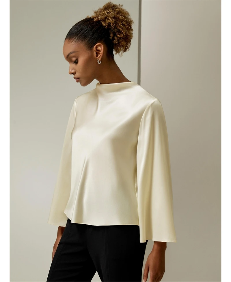Bell Sleeves Minimalist Silk Top for Women