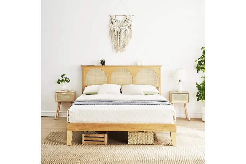 gaomon Full Bed Frame with Natural Rattan Headboard, Full Size Platform Bed Frame with Led Lights and Storage Headboard, Strong Wood Slats Support, No
