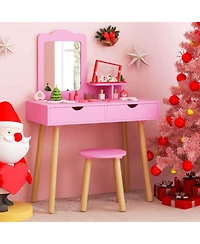 Costway Kid Vanity Table Chair Set with Mirror Large Storage Drawers Wooden Legs