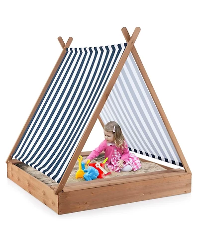 Wooden Sandbox with Canopy Tent Design Fir Wood Frame 2 Bench Seats Bottom
