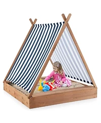Wooden Sandbox with Canopy Tent Design Fir Wood Frame 2 Bench Seats Bottom
