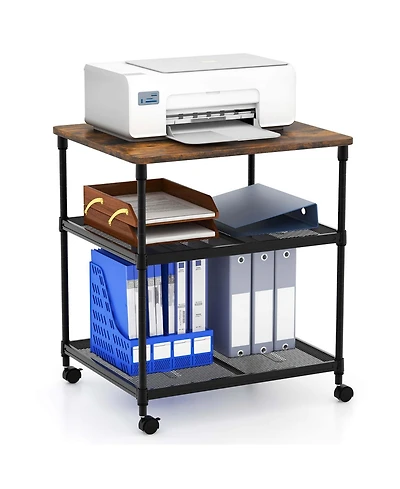 3-Tier Printer Stand Rolling Fax Cart with Adjustable Shelf & Swivel Wheel
