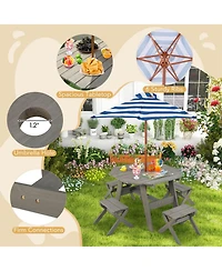 Kids Wooden Table Set with Octagon 4 Stools & Removable Adjustable Umbrella