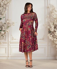 24seven Comfort Apparel Women's Wine Paisley Midi Length Long Sleeve Pocket Dress