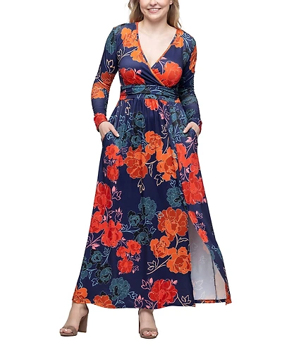 24seven Comfort Apparel Women's Navy Floral Print Long Sleeve Side Slit Maxi Dress