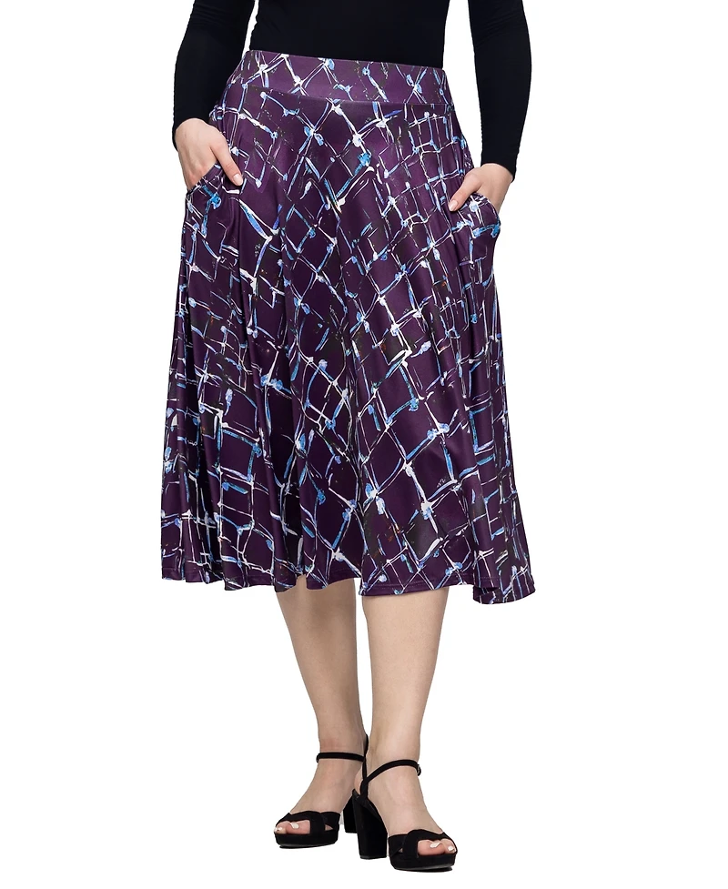 24seven Comfort Apparel Women's Purple Print Elastic Waist Pocket Midi Skirt