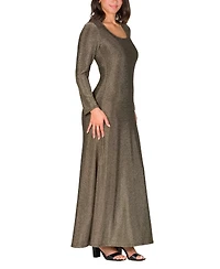 24seven Comfort Apparel Women's Long Sleeve Scoop Neck Shimmery Fabric Maxi Dress
