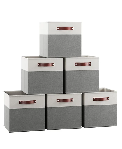 Ornavo Home 6 Pack Collapsible Linen Storage Cube Bin with Leather Handles - 11 Inch